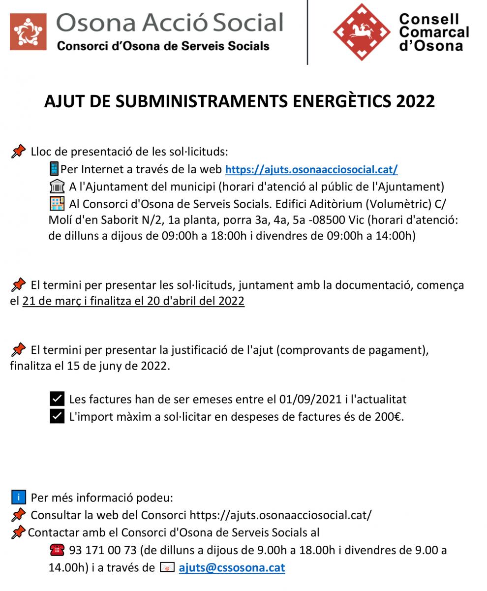 AJUT DE SUBMINISTRAMENTS ENERGÈTICS 2022